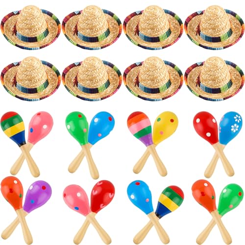 Fahacop 24 Pcs Mini Mexican Fiesta Sombrero Headband including 8 Pack Mexican Sombrero Hats Mexican Hat and 16 Pack Mini Wooden Maracas for Kids Dolls Pets - Image 1