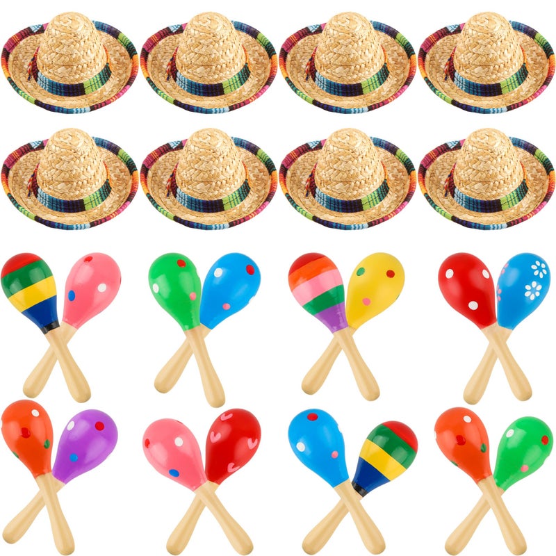 Fahacop 24 Pcs Mini Mexican Fiesta Sombrero Headband including 8 Pack Mexican Sombrero Hats Mexican Hat and 16 Pack Mini Wooden Maracas for Kids Dolls Pets - Image 3