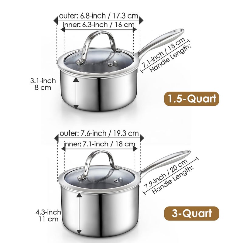 Cooks Standard Stainless Steel Saucepan Set 1.5 and 3 Quart, Multi-Ply Clad Sauce Pot With Glass Lid, Silver - Image 2