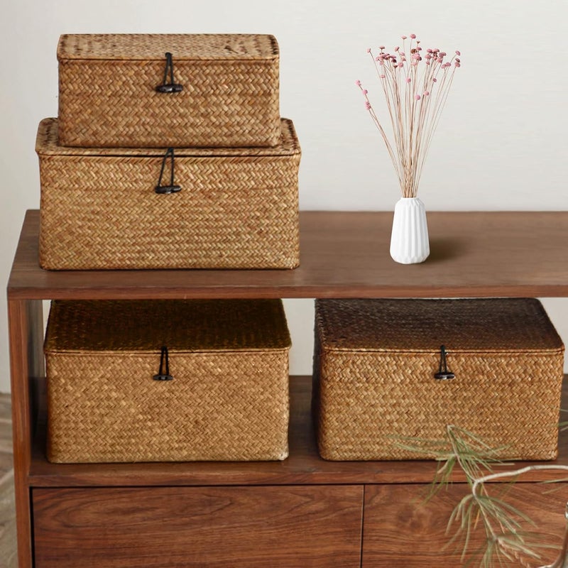 Esoes Wicker Storage Basket Woven Rattan Storage Box With Lids Seagrass Laundry Baskets Makeup Organizer For Bathroom, Living Room, Kitchen (XXL) - Image 3
