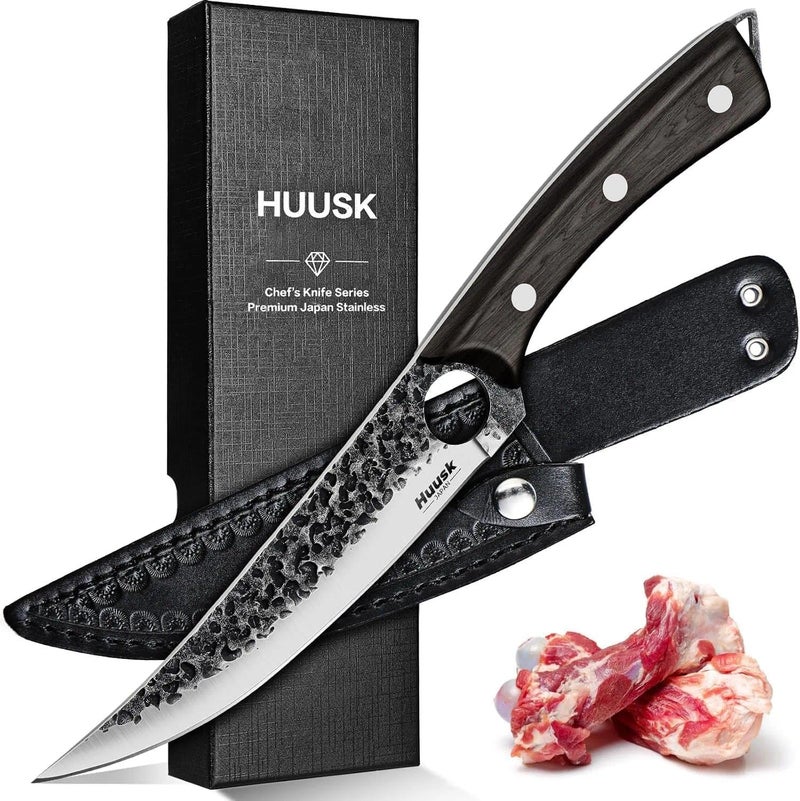 Huusk Viking Boning Knife 6 inch, Japanese Boning Knives for Meat Cutting, Full Tang Fillet Knife with Sheath, Brisket Trimming Knives for BBQ, Camping, Christmas Gift for Men and Women - Image 1