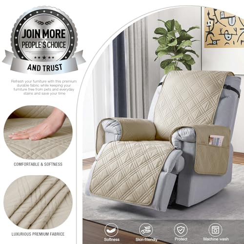 TAOCOCO 100% Waterproof Recliner Chair Cover, Non Slip Recliner Covers for Recliner Chair with Pocket, Washable Reclining Chair Cover Furniture Protector for Kids, Pets(23.6'', Cream) - Image 2