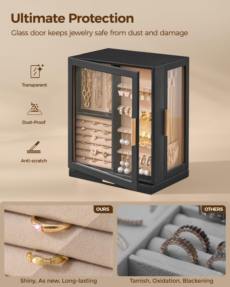 Glimmloop 360Â° Rotating Jewelry Box with 5 Drawers, Spacious Vertical Jewelry Organizer with Glass Window, Jewelry Storage Case, Dustproof & Moisture-resistant Design, Black - Image 3