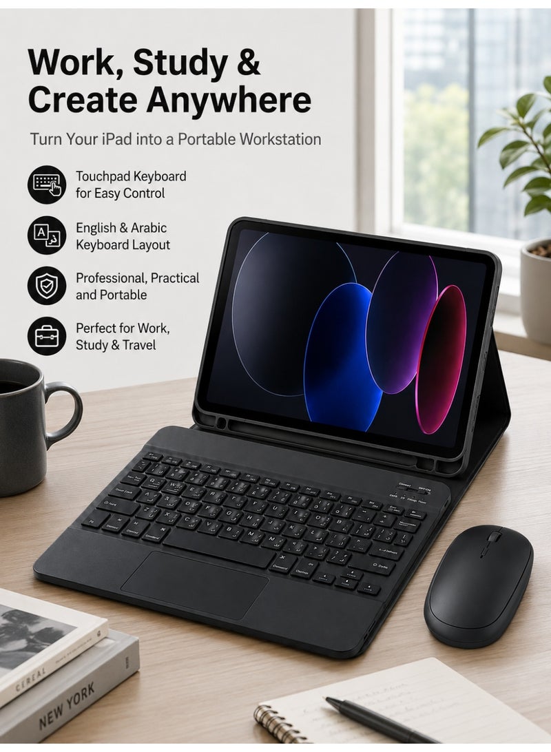 طقم كيبورد وحافظة iPad باللون الأسود متوافق مع iPad الجيل العاشر 2022 و iPad الجيل الحادي عشر A16 2025 مقاس 10.9 بوصة، كيبورد Bluetooth قابل للفصل مع لوحة لمس، أزرار إنجليزي وعربي، فتحة لحفظ القلم، مع ماوس وكابل شحن USB-A إلى Type-C - Image 3