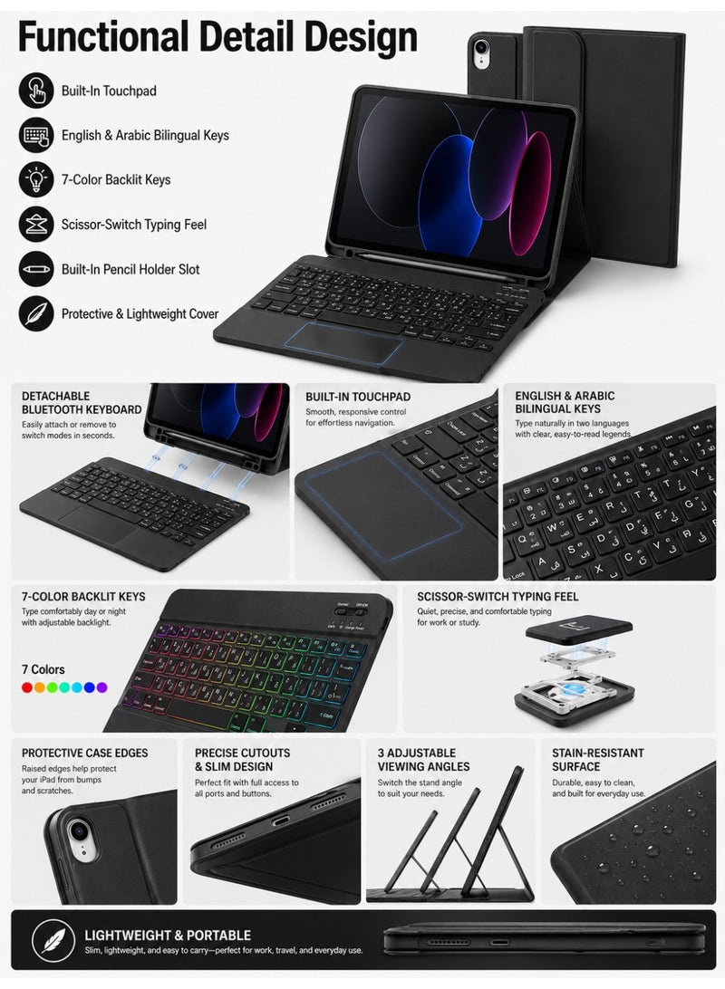 طقم كيبورد وحافظة iPad باللون الأسود متوافق مع iPad الجيل العاشر 2022 و iPad الجيل الحادي عشر A16 2025 مقاس 10.9 بوصة، كيبورد Bluetooth قابل للفصل مع لوحة لمس، أزرار إنجليزي وعربي، فتحة لحفظ القلم، مع ماوس وكابل شحن USB-A إلى Type-C - Image 4