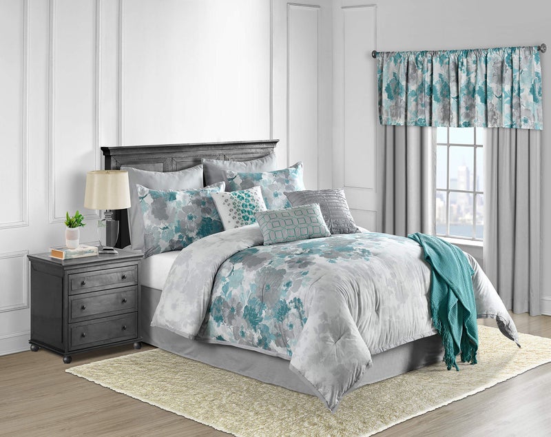 Lanwood Lanwood Home Claire Cotton 10Piece Comforter Set Includes Comforter Bed Skirt 2 Standard Shams 2 Euro Shams 3 Throw Pillows  Throw Blanket Teal Floral Full 