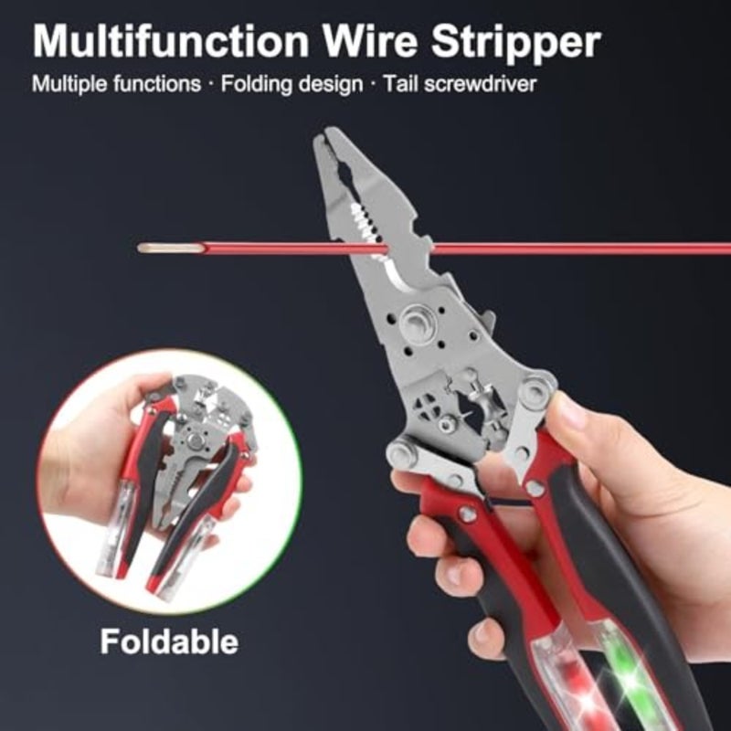 Electrical repair DIY wire stripper with stainless steel construction, black red color, multifunctional testing, cutting, crimping, and spring-assist stripping - Image 2