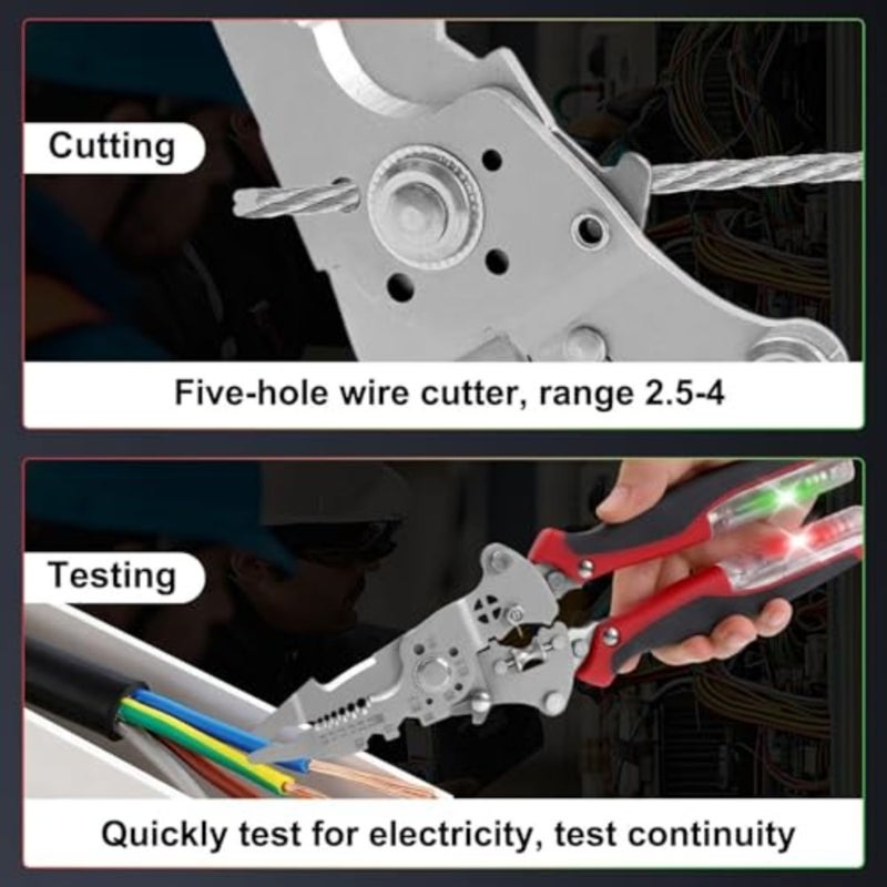 Electrical repair DIY wire stripper with stainless steel construction, black red color, multifunctional testing, cutting, crimping, and spring-assist stripping - Image 3