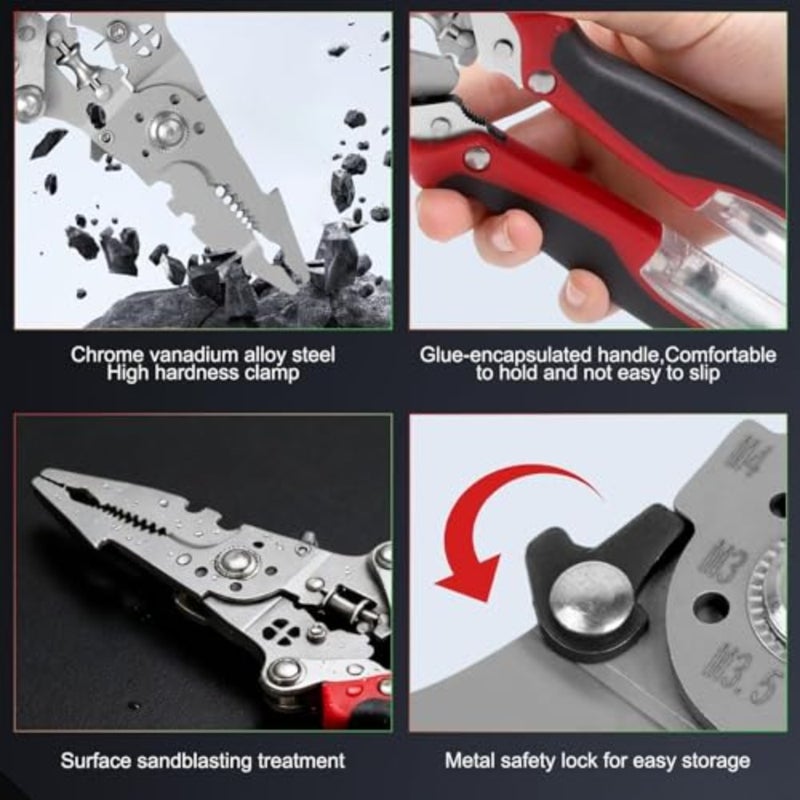 Electrical repair DIY wire stripper with stainless steel construction, black red color, multifunctional testing, cutting, crimping, and spring-assist stripping - Image 5