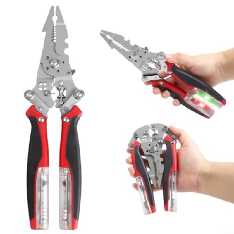 Electrical repair DIY wire stripper with stainless steel construction, black red color, multifunctional testing, cutting, crimping, and spring-assist stripping - Image 1