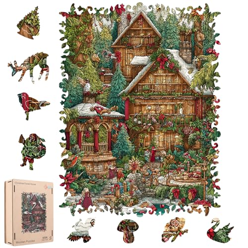 MEATRN Christmas Forest House Wooden Jigsaw Puzzle for Adults 200 Pcs 89 x 118 Educational Wood Puzzle Family Game Brain Teaser Gift for Boys Girls Beautiful Packaging - Image 1