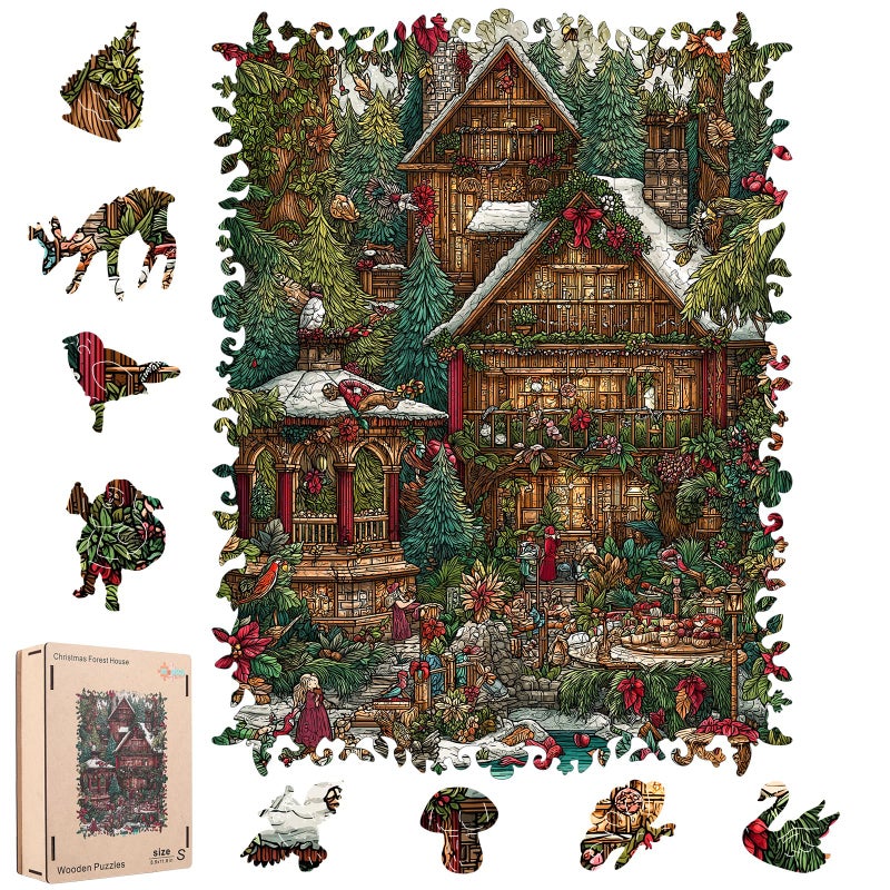 MEATRN Christmas Forest House Wooden Jigsaw Puzzle for Adults 200 Pcs 89 x 118 Educational Wood Puzzle Family Game Brain Teaser Gift for Boys Girls Beautiful Packaging - Image 3