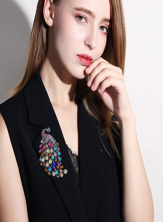 Dtja Rhinestone Peacock Brooch Pin for Women Girls Fashion Exquisite Exaggerated Big Crystal Bird Animal Brooches Lapel Pins Elegant Dress Accessories Wedding Christmas Birthday Jewelry Gift (Colorful CZ) - Image 2