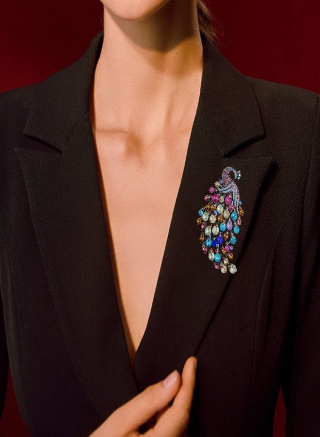 Dtja Rhinestone Peacock Brooch Pin for Women Girls Fashion Exquisite Exaggerated Big Crystal Bird Animal Brooches Lapel Pins Elegant Dress Accessories Wedding Christmas Birthday Jewelry Gift (Colorful CZ) - Image 3