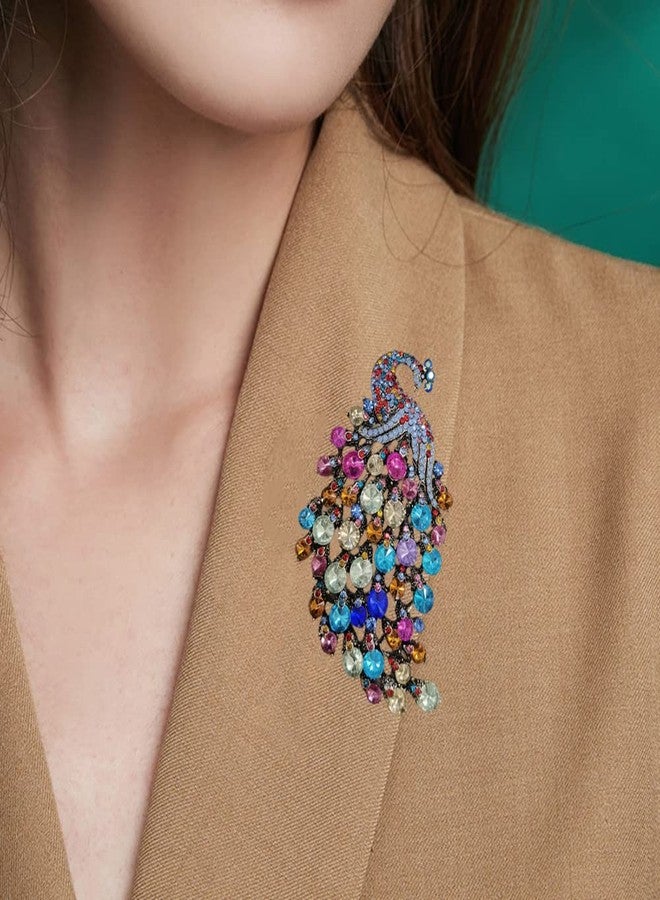 Dtja Rhinestone Peacock Brooch Pin for Women Girls Fashion Exquisite Exaggerated Big Crystal Bird Animal Brooches Lapel Pins Elegant Dress Accessories Wedding Christmas Birthday Jewelry Gift (Colorful CZ) - Image 4