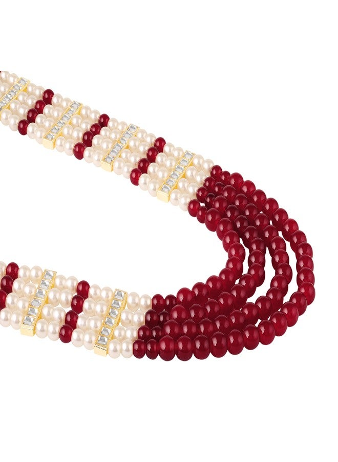 Mahi Multi-Layer Artificial Pearl & Maroon Beads Necklace | Wedding Sherwani Jewellery for Men | Ethnic Dulha Haar for Marriage Ceremony (ML1103875G) - Image 3