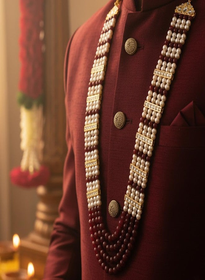 Mahi Multi-Layer Artificial Pearl & Maroon Beads Necklace | Wedding Sherwani Jewellery for Men | Ethnic Dulha Haar for Marriage Ceremony (ML1103875G) - Image 4