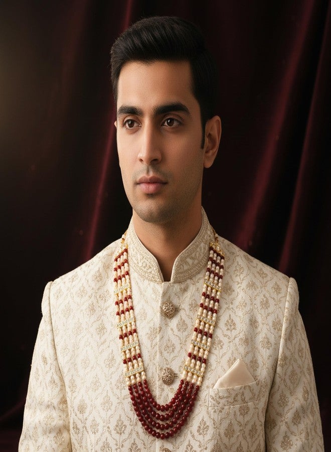 Mahi Multi-Layer Artificial Pearl & Maroon Beads Necklace | Wedding Sherwani Jewellery for Men | Ethnic Dulha Haar for Marriage Ceremony (ML1103875G) - Image 2