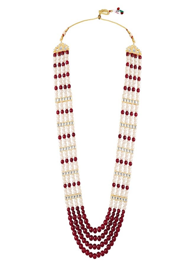 Mahi Multi-Layer Artificial Pearl & Maroon Beads Necklace | Wedding Sherwani Jewellery for Men | Ethnic Dulha Haar for Marriage Ceremony (ML1103875G) - Image 1