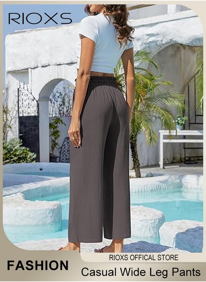 RIOXS - Wide Leg Ruffle Pants For Women Girls Casual Loose High Waist Tie-Knot Trousers With Pockets Woman's Summer Flowy Pants - Image 1
