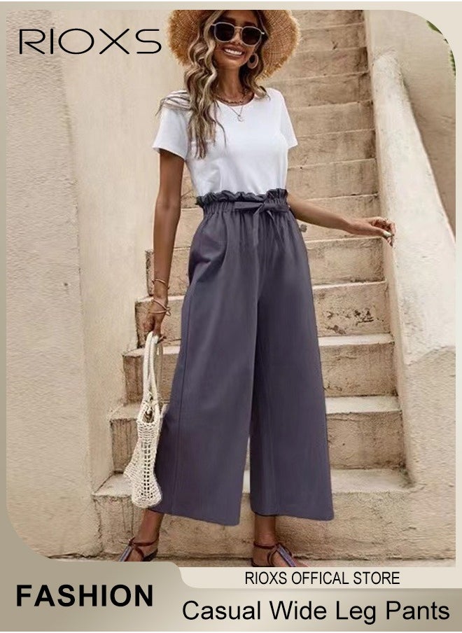RIOXS - Wide Leg Ruffle Pants For Women Girls Casual Loose High Waist Tie-Knot Trousers With Pockets Woman's Summer Flowy Pants - Image 1