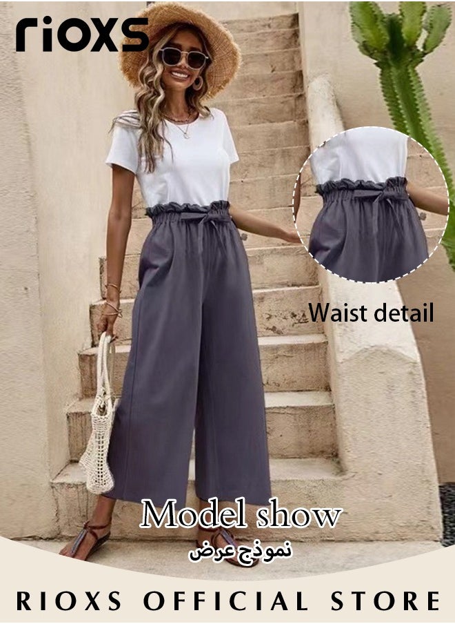 RIOXS - Wide Leg Ruffle Pants For Women Girls Casual Loose High Waist Tie-Knot Trousers With Pockets Woman's Summer Flowy Pants - Image 1