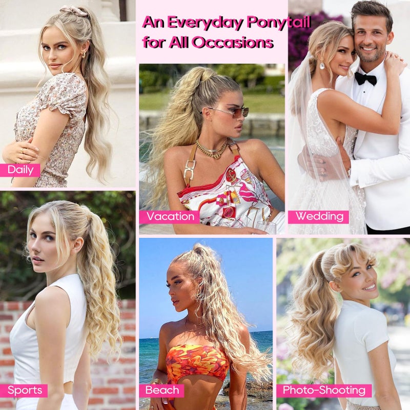REECHO Ponytail Extension, 26 Inch Drawstring Ponytail Extension Long Curly Wavy Pony Tails Hair Extensions Synthetic Clip in Ponytail Hairpiece for Women, Chestnut Brown with Golden Highlights - Image 5