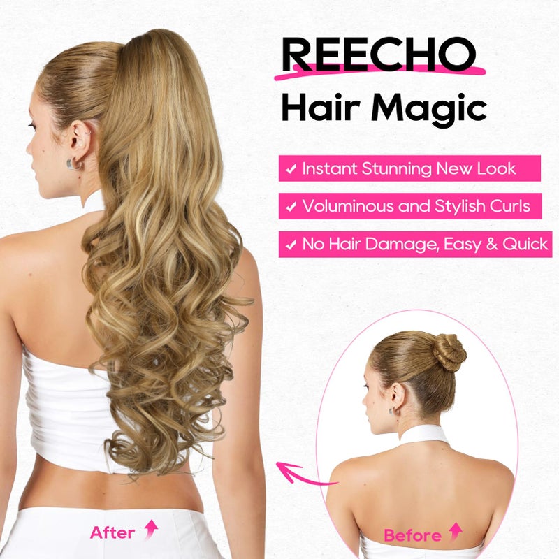 REECHO Ponytail Extension, 26 Inch Drawstring Ponytail Extension Long Curly Wavy Pony Tails Hair Extensions Synthetic Clip in Ponytail Hairpiece for Women, Chestnut Brown with Golden Highlights - Image 4