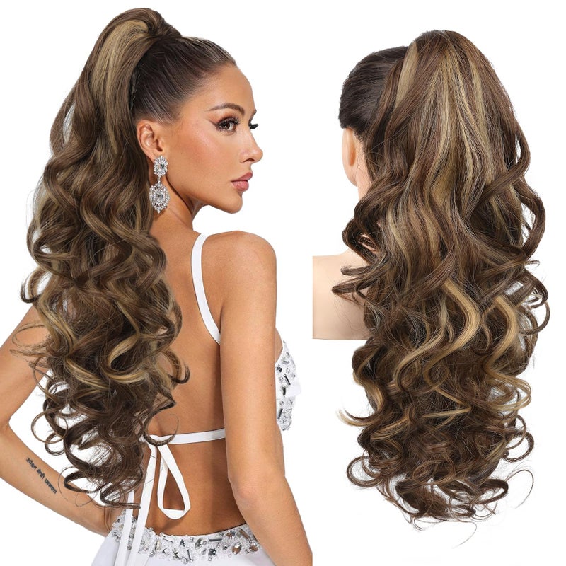 REECHO Ponytail Extension, 26 Inch Drawstring Ponytail Extension Long Curly Wavy Pony Tails Hair Extensions Synthetic Clip in Ponytail Hairpiece for Women, Chestnut Brown with Golden Highlights - Image 1