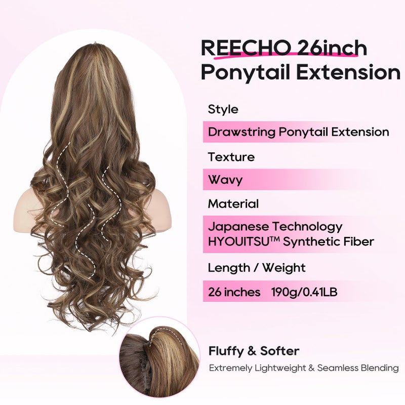 REECHO Ponytail Extension, 26 Inch Drawstring Ponytail Extension Long Curly Wavy Pony Tails Hair Extensions Synthetic Clip in Ponytail Hairpiece for Women, Chestnut Brown with Golden Highlights - Image 2