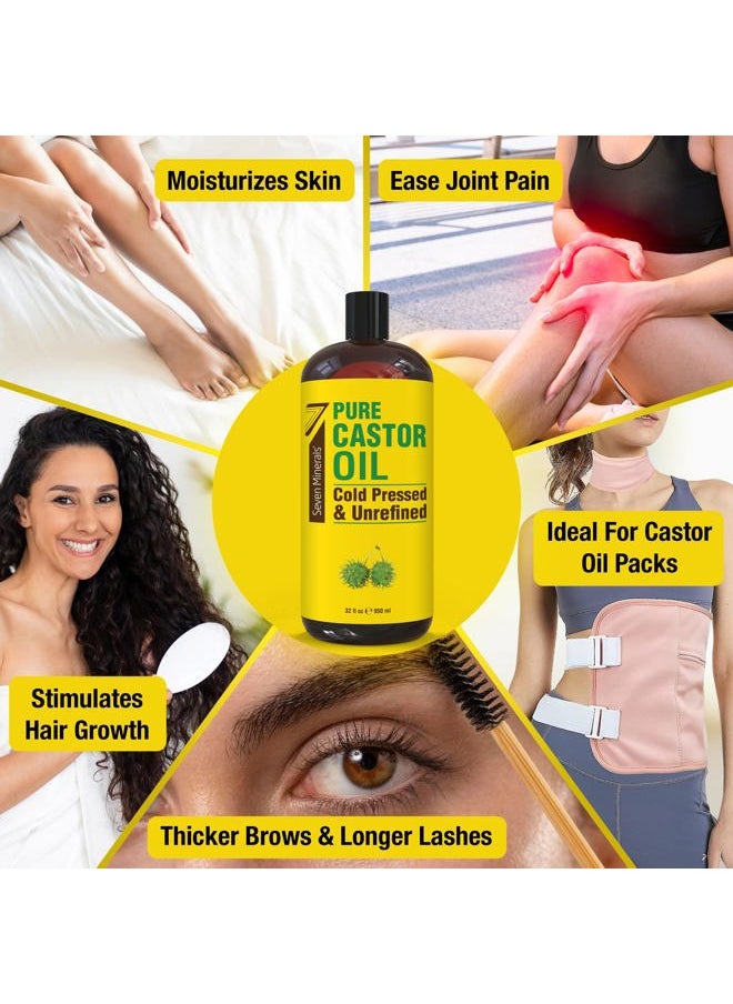Seven Minerals Pure Cold Pressed Castor Oil - Big 32 fl oz Bottle - Unrefined & Hexane Free - 100% Pure Castor Oil for Hair Growth, Thicker Eyelashes & Eyebrows, Dry Skin, Healing, Hair Care, Joint and Muscle Pain  - Image 2