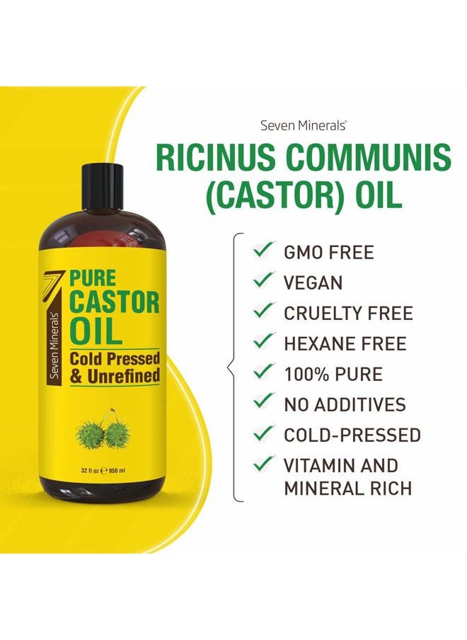 Seven Minerals Pure Cold Pressed Castor Oil - Big 32 fl oz Bottle - Unrefined & Hexane Free - 100% Pure Castor Oil for Hair Growth, Thicker Eyelashes & Eyebrows, Dry Skin, Healing, Hair Care, Joint and Muscle Pain  - Image 3