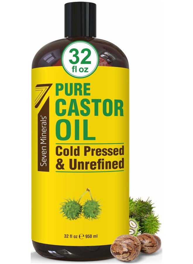 Seven Minerals Pure Cold Pressed Castor Oil - Big 32 fl oz Bottle - Unrefined & Hexane Free - 100% Pure Castor Oil for Hair Growth, Thicker Eyelashes & Eyebrows, Dry Skin, Healing, Hair Care, Joint and Muscle Pain  - Image 1