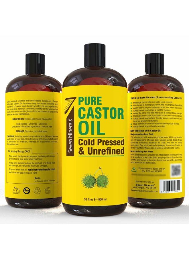Seven Minerals Pure Cold Pressed Castor Oil - Big 32 fl oz Bottle - Unrefined & Hexane Free - 100% Pure Castor Oil for Hair Growth, Thicker Eyelashes & Eyebrows, Dry Skin, Healing, Hair Care, Joint and Muscle Pain  - Image 5