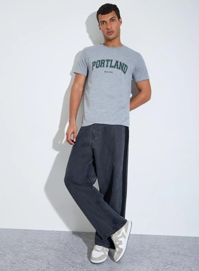 Styli Men Grey Text Print Regular Fit Jersey T-Shirt