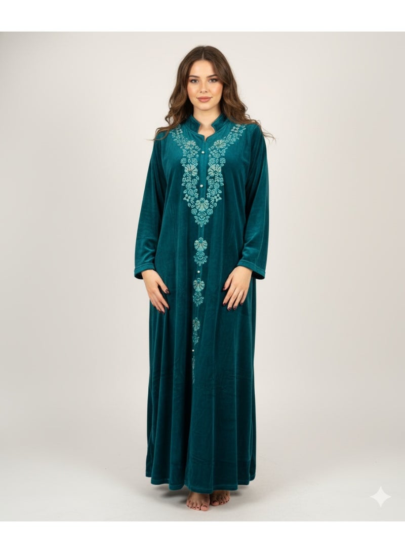 zecotex  Women's Luxury Winter Velvet Abaya / Jalabiya - Elegant Full Embroidery - Deep Petrol Blue / Teal Color