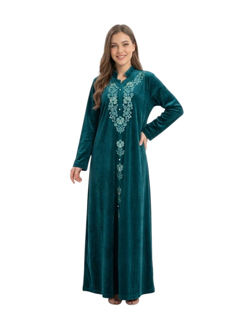 zecotex  Women's Luxury Winter Velvet Abaya / Jalabiya - Elegant Full Embroidery - Deep Petrol Blue / Teal Color - Image 1