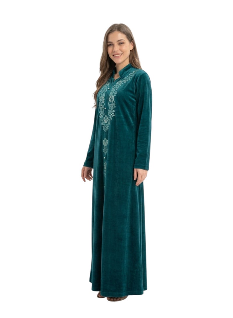 zecotex  Women's Luxury Winter Velvet Abaya / Jalabiya - Elegant Full Embroidery - Deep Petrol Blue / Teal Color - Image 3