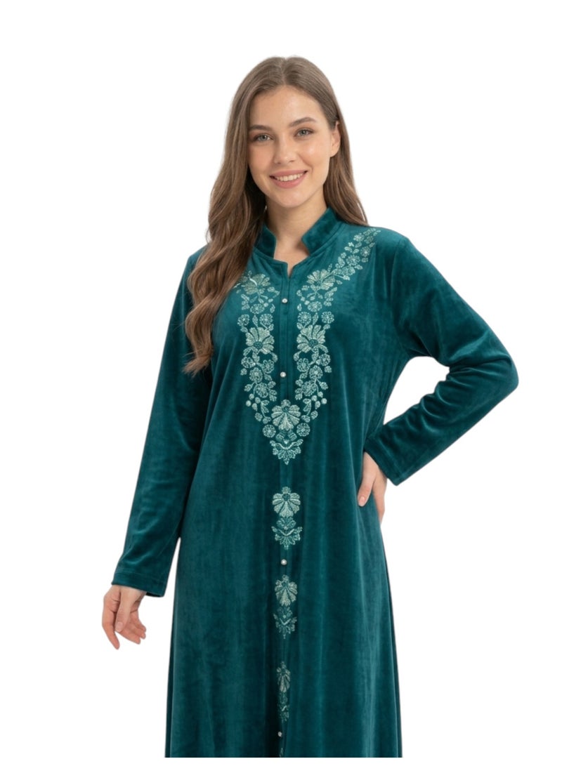 zecotex  Women's Luxury Winter Velvet Abaya / Jalabiya - Elegant Full Embroidery - Deep Petrol Blue / Teal Color - Image 2