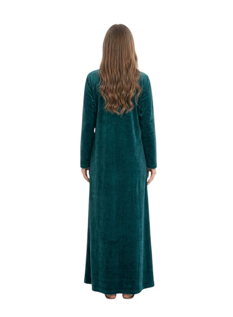 zecotex  Women's Luxury Winter Velvet Abaya / Jalabiya - Elegant Full Embroidery - Deep Petrol Blue / Teal Color - Image 4