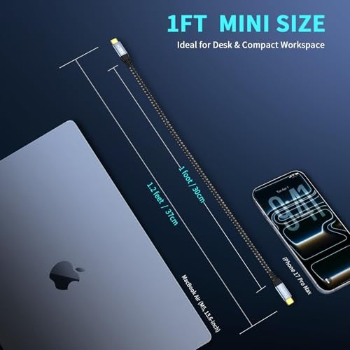 ZeroneTeck 12 inch USB C Cable 1FT, 20Gbps High Speed Data Transfer Short, 4K@60Hz Type C Monitor Cable, USB C 3.2 Gen 2×2 100W PD Charging, for iPhone17, MacBook, iPad, SSD, Samsung T7/T5/X5, KYY - Image 2