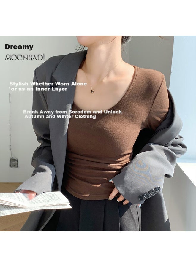Moonbadi Women's Autumn And Winter Basic Shirt Retro Big U-neck Fashion Simple Inner Wear Slimming And Slimming All-match Warm Long-sleeved Top - Image 1