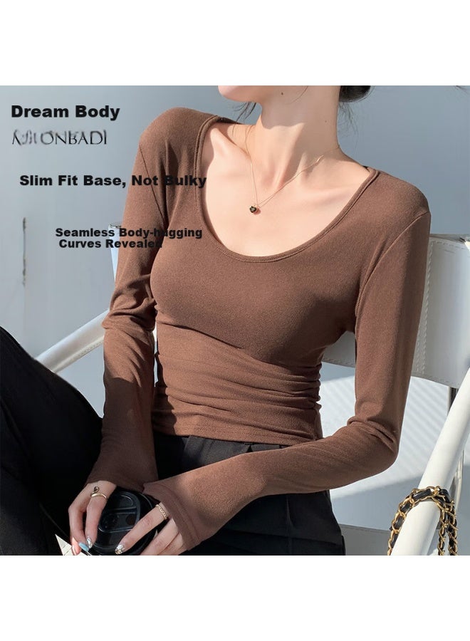 Moonbadi Women's Autumn And Winter Basic Shirt Retro Big U-neck Fashion Simple Inner Wear Slimming And Slimming All-match Warm Long-sleeved Top - Image 2
