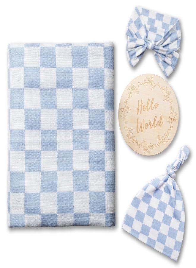 Miaoberry Checkered Muslin Swaddle Set, 100% Organic Cotton, Mist Blue,Checkerboard, Gender-Neutral, with Matching Bow, hat and Wooden Baby Arrival/Announcement Card - Image 1