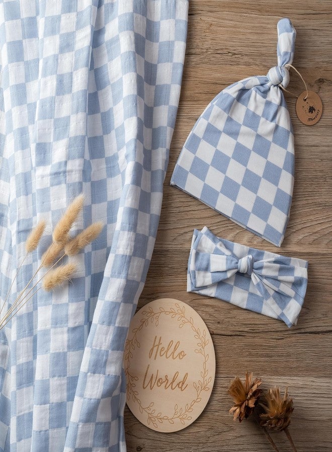 Miaoberry Checkered Muslin Swaddle Set, 100% Organic Cotton, Mist Blue,Checkerboard, Gender-Neutral, with Matching Bow, hat and Wooden Baby Arrival/Announcement Card - Image 4