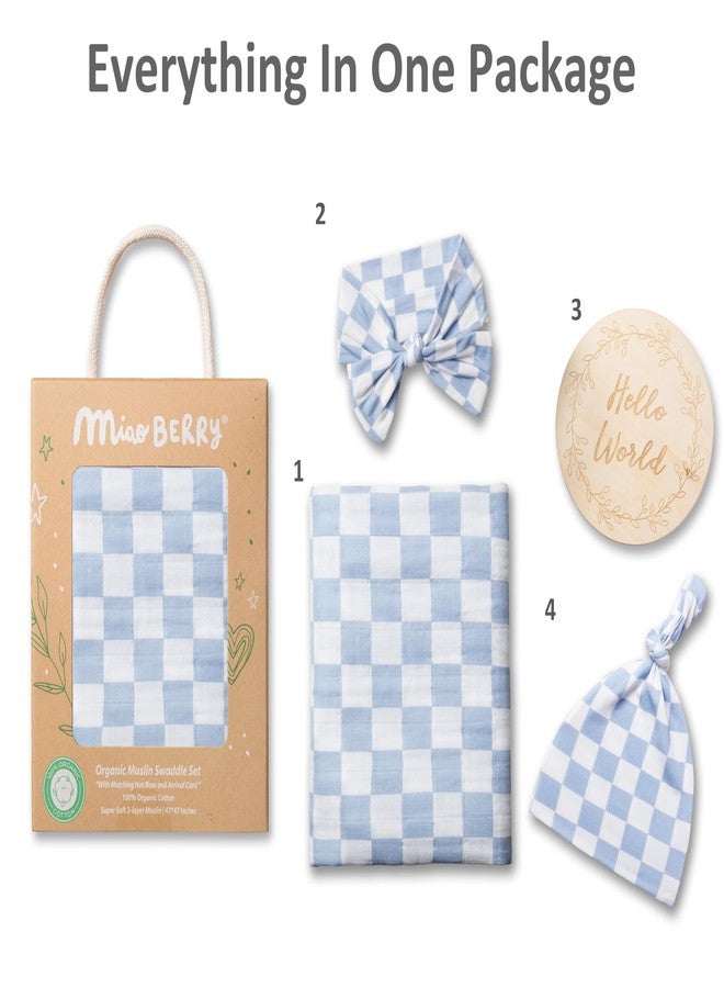 Miaoberry Checkered Muslin Swaddle Set, 100% Organic Cotton, Mist Blue,Checkerboard, Gender-Neutral, with Matching Bow, hat and Wooden Baby Arrival/Announcement Card - Image 5