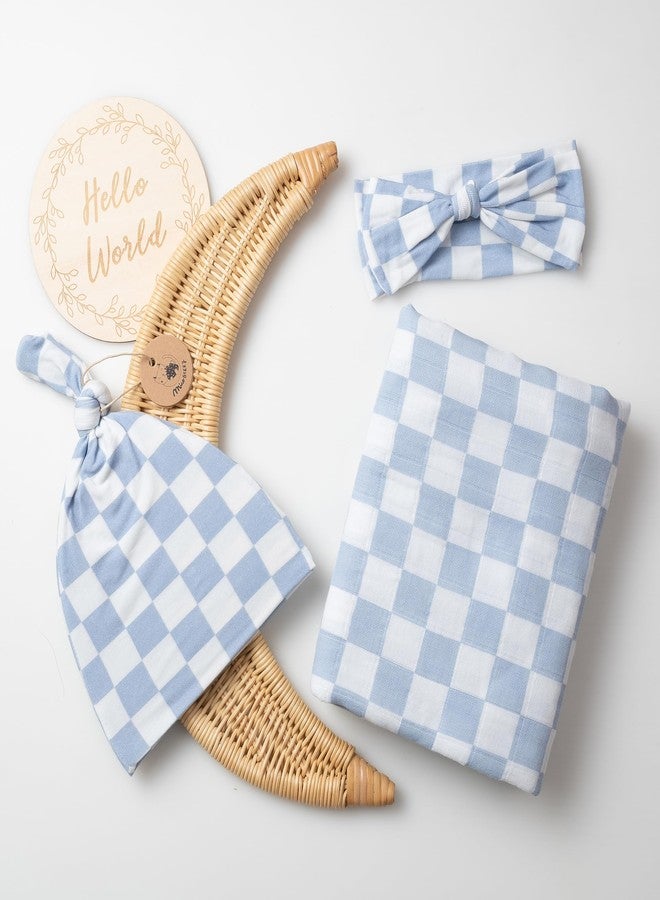 Miaoberry Checkered Muslin Swaddle Set, 100% Organic Cotton, Mist Blue,Checkerboard, Gender-Neutral, with Matching Bow, hat and Wooden Baby Arrival/Announcement Card - Image 2