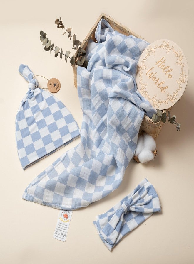 Miaoberry Checkered Muslin Swaddle Set, 100% Organic Cotton, Mist Blue,Checkerboard, Gender-Neutral, with Matching Bow, hat and Wooden Baby Arrival/Announcement Card - Image 3