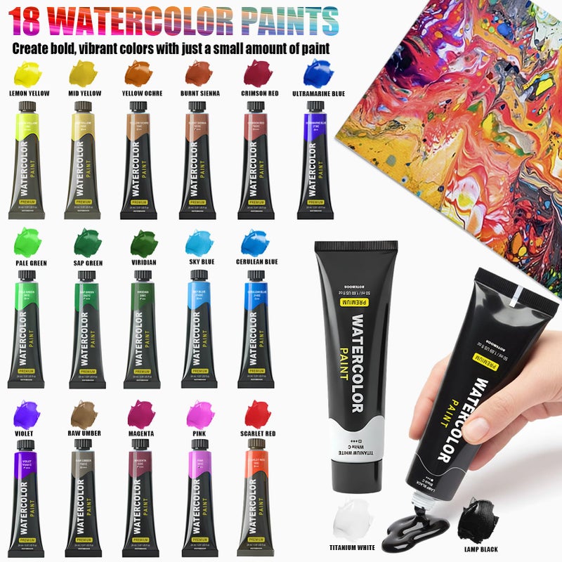 AOTEMOON Watercolor Paint Set with 18 Vivid Jumbo Tubes (24ml&50ml), Complete Art Supplies with Guided Canvas Panels, Table Easel, Watercolor Papers, Brushes, Paint Kit for Students Beginners Young Artists - Image 3