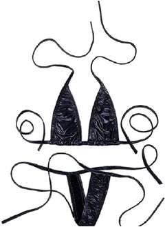 2 Piece Shiny Faux Leather Non-Padded Halter Triangle Tie Side  Bikini Set